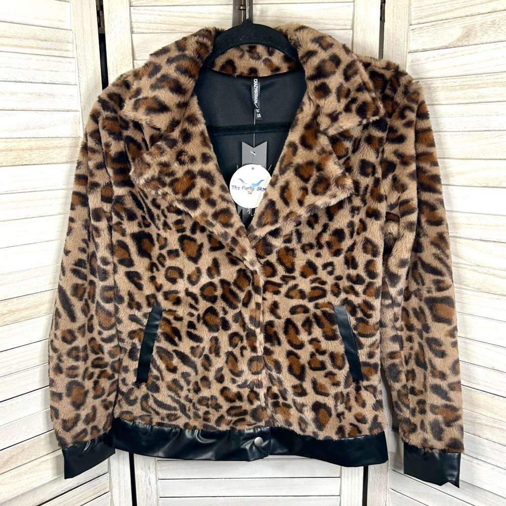 Crazy Train Leopard Print Leather Faux Fur Bomber Jacket Brown and Black New - Picture 3 of 11